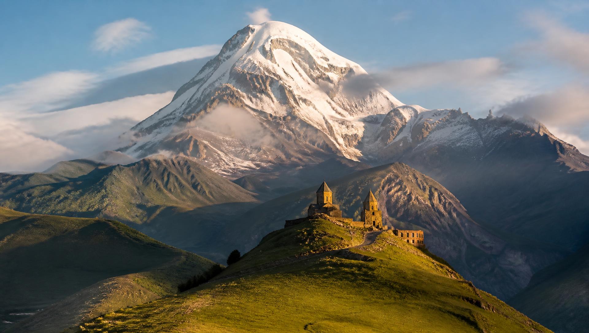 Gergeti Trinity Church beneath Mount Kazbek in the Georgian Caucasus